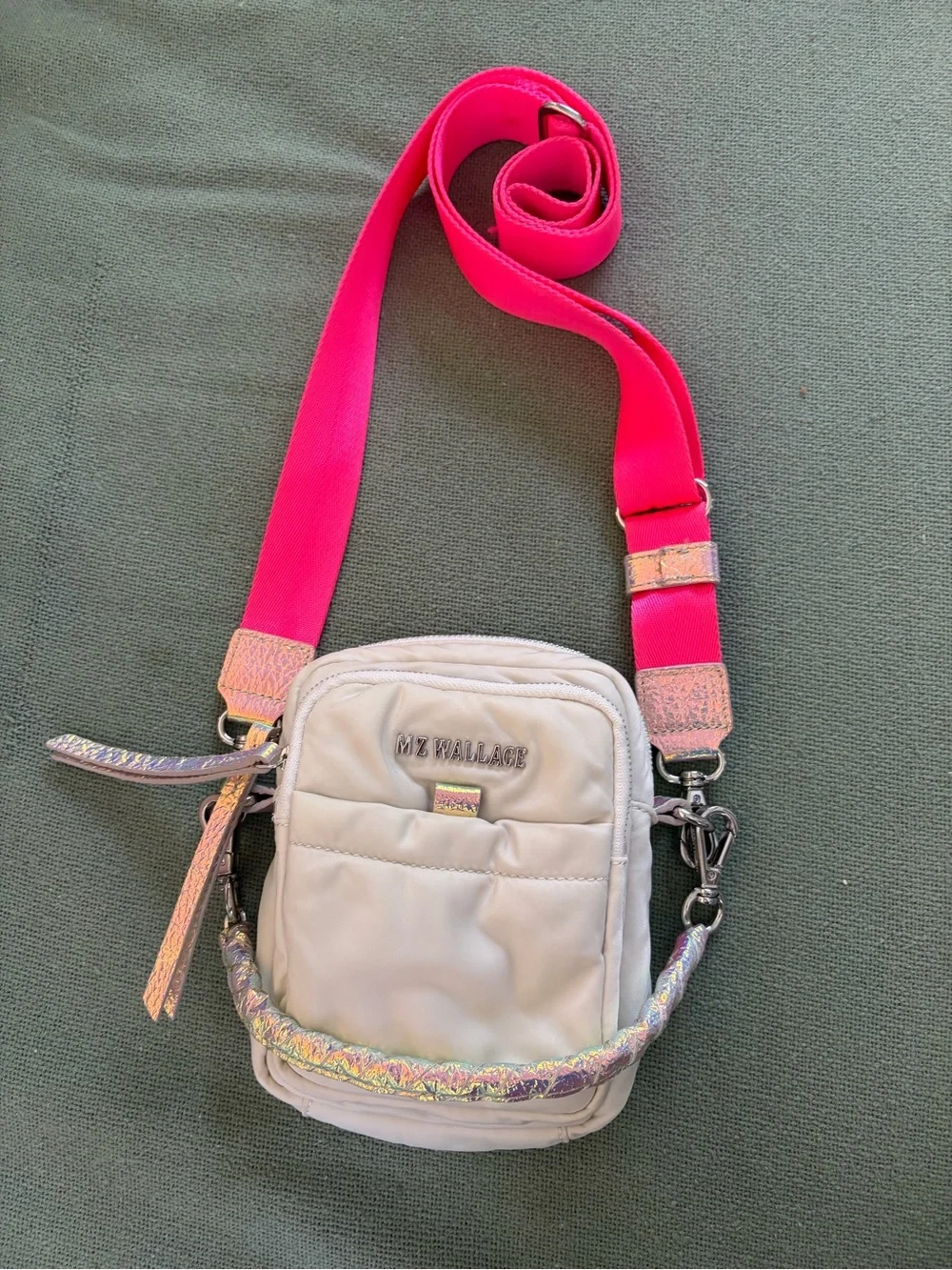 MZ Wallace 'Unicorn' MiniCrosby white  with Neon Pink Strap and iridescent trim
